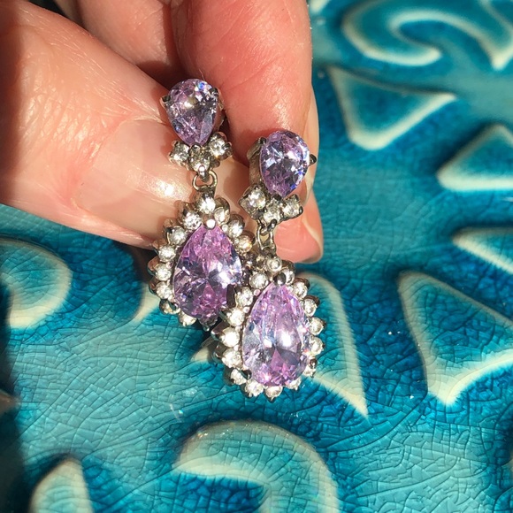 Sterling Silver 925 Purple and Clear Stone Dangle Earrings - Picture 5 of 16